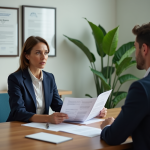Femme d'affaires en costume bleu discutant de documents