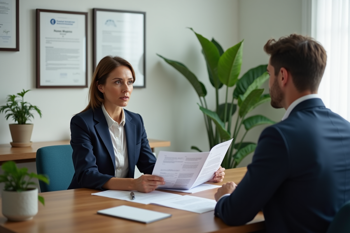 Femme d'affaires en costume bleu discutant de documents