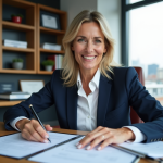 Femme d'affaires en costume navy examine des documents immobiliers
