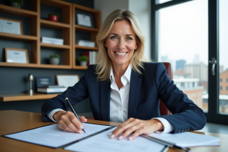 Femme d'affaires en costume navy examine des documents immobiliers