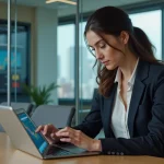 Femme d'affaires en réunion avec tablette immobilière