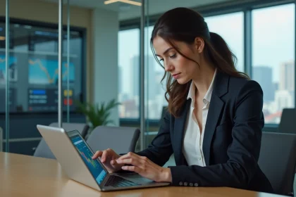 Femme d'affaires en réunion avec tablette immobilière