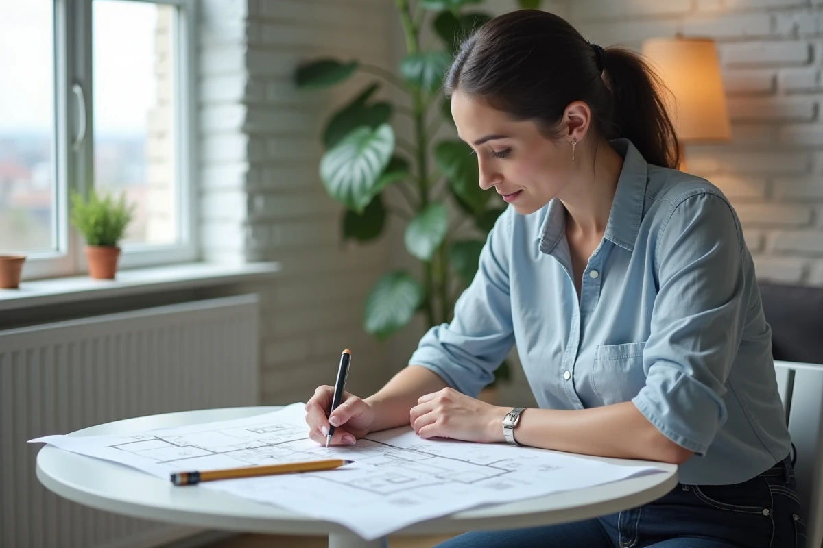 Femme étudiant les plans d'un appartement T2 avec une liste de pièces et un mètre ruban sur une table