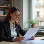 Femme d'affaires vérifiant un document d'assurance incendie dans son bureau