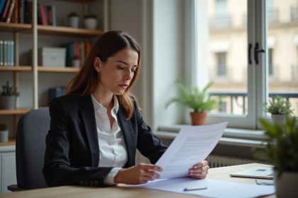 Femme d'affaires vérifiant un document d'assurance incendie dans son bureau