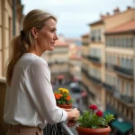 Femme d'âge moyen sur balcon à Béziers contemplant la ville
