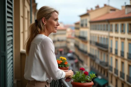 Femme d'âge moyen sur balcon à Béziers contemplant la ville