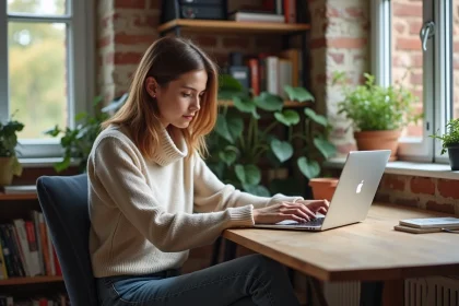 Jeune femme à Lyon utilisant son ordinateur portable
