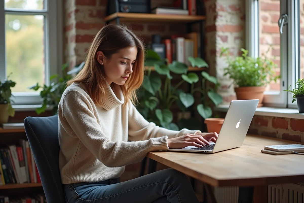 Jeune femme à Lyon utilisant son ordinateur portable
