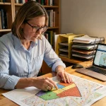 Femme consultant une carte de zonage urbain imprimée sur un bureau à domicile, illustrant la lecture de Géoportail urbanisme
