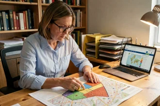 Femme consultant une carte de zonage urbain imprimée sur un bureau à domicile, illustrant la lecture de Géoportail urbanisme