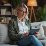 Femme d'âge moyen consulte des annonces immobilières sur une tablette dans un salon moderne