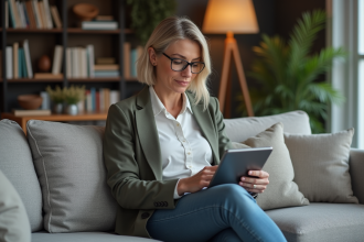 Femme d'âge moyen consulte des annonces immobilières sur une tablette dans un salon moderne