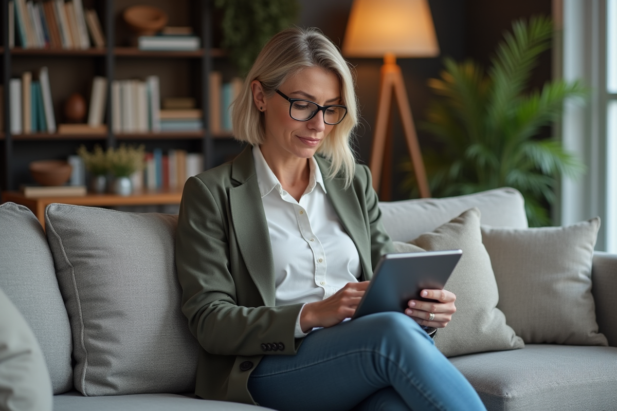 Femme d'âge moyen consulte des annonces immobilières sur une tablette dans un salon moderne