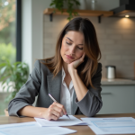 Femme en intérieur examinant un contrat d'assurance maison