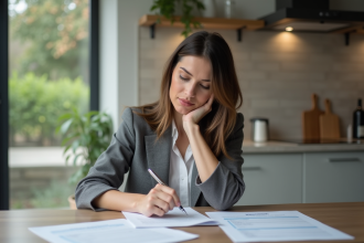 Femme en intérieur examinant un contrat d'assurance maison