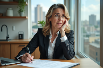 Femme d'affaires examine un contrat de location dans un appartement urbain
