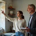 Femme pointant une tache d'eau au plafond dans un appartement
