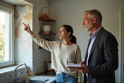 Femme pointant une tache d'eau au plafond dans un appartement