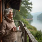Femme souriante sur la terrasse d’un cottage au bord du lac