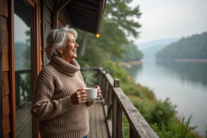 Femme souriante sur la terrasse d’un cottage au bord du lac