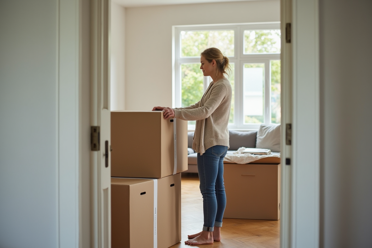 Femme tapant une grande boîte dans un salon