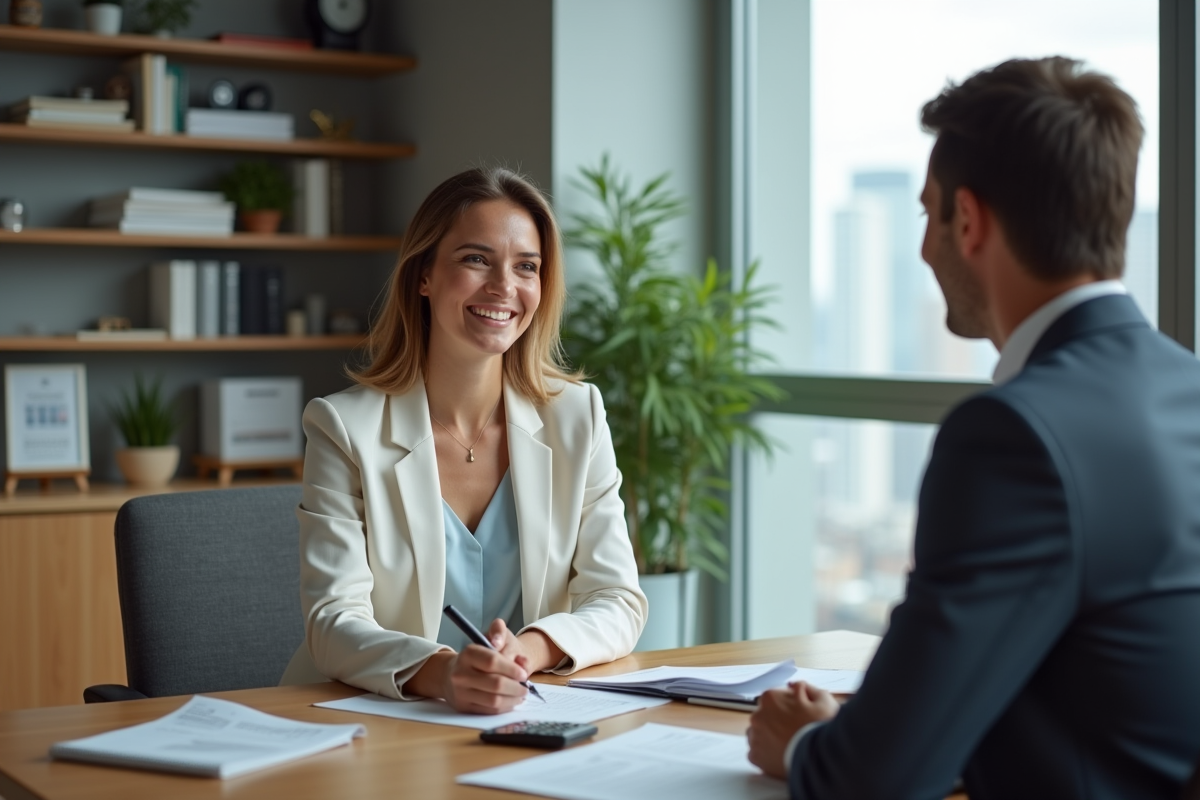 Femme souriante rencontrant un conseiller fiscal