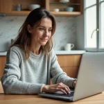 Femme utilisant un logiciel d'estimation immobilière en ligne sur son ordinateur portable dans une cuisine moderne