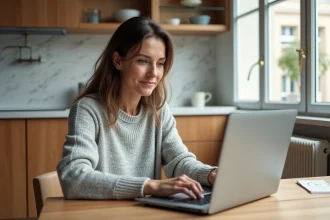Femme utilisant un logiciel d'estimation immobilière en ligne sur son ordinateur portable dans une cuisine moderne