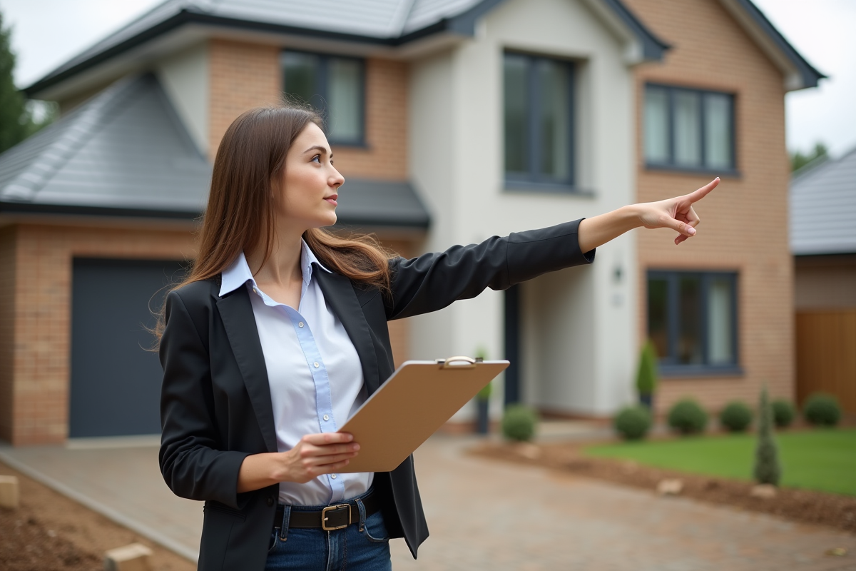 Jeune femme pointant la façade d
