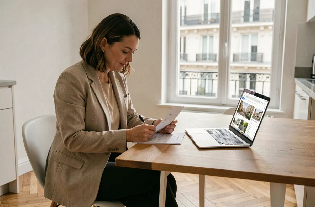 Femme remplissant un formulaire de pré-état daté dans un appartement parisien moderne avec ordinateur portable