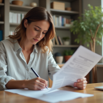 Femme remplissant des formulaires à la maison