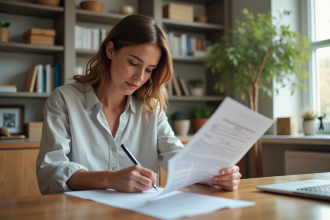 Femme remplissant des formulaires à la maison