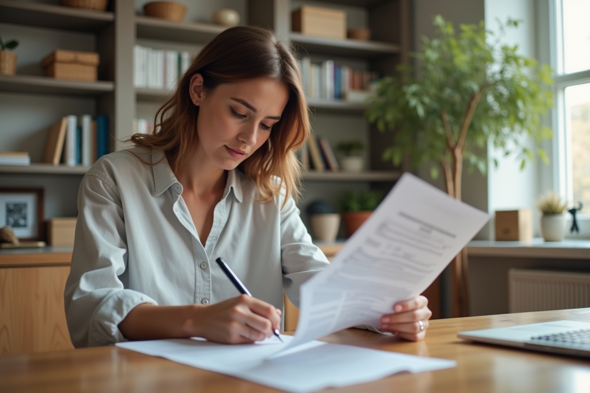 Femme remplissant des formulaires à la maison