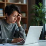 Femme frustrée devant un message d'erreur de compte sur son ordinateur portable à son bureau à domicile