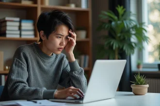 Femme frustrée devant un message d'erreur de compte sur son ordinateur portable à son bureau à domicile