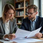 Femme et homme examinant des documents immobiliers dans un bureau moderne