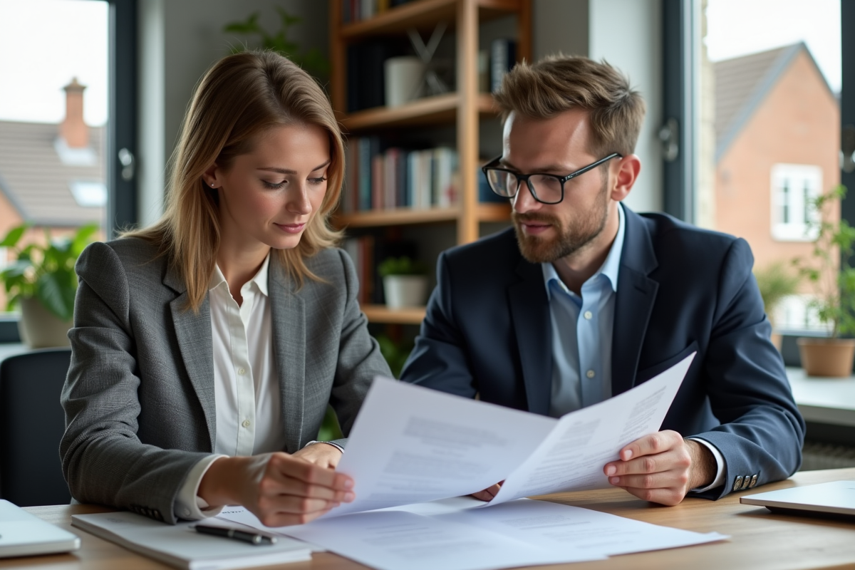 Femme et homme examinant des documents immobiliers dans un bureau moderne