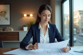 Femme professionnelle examinant des plans à Lyon
