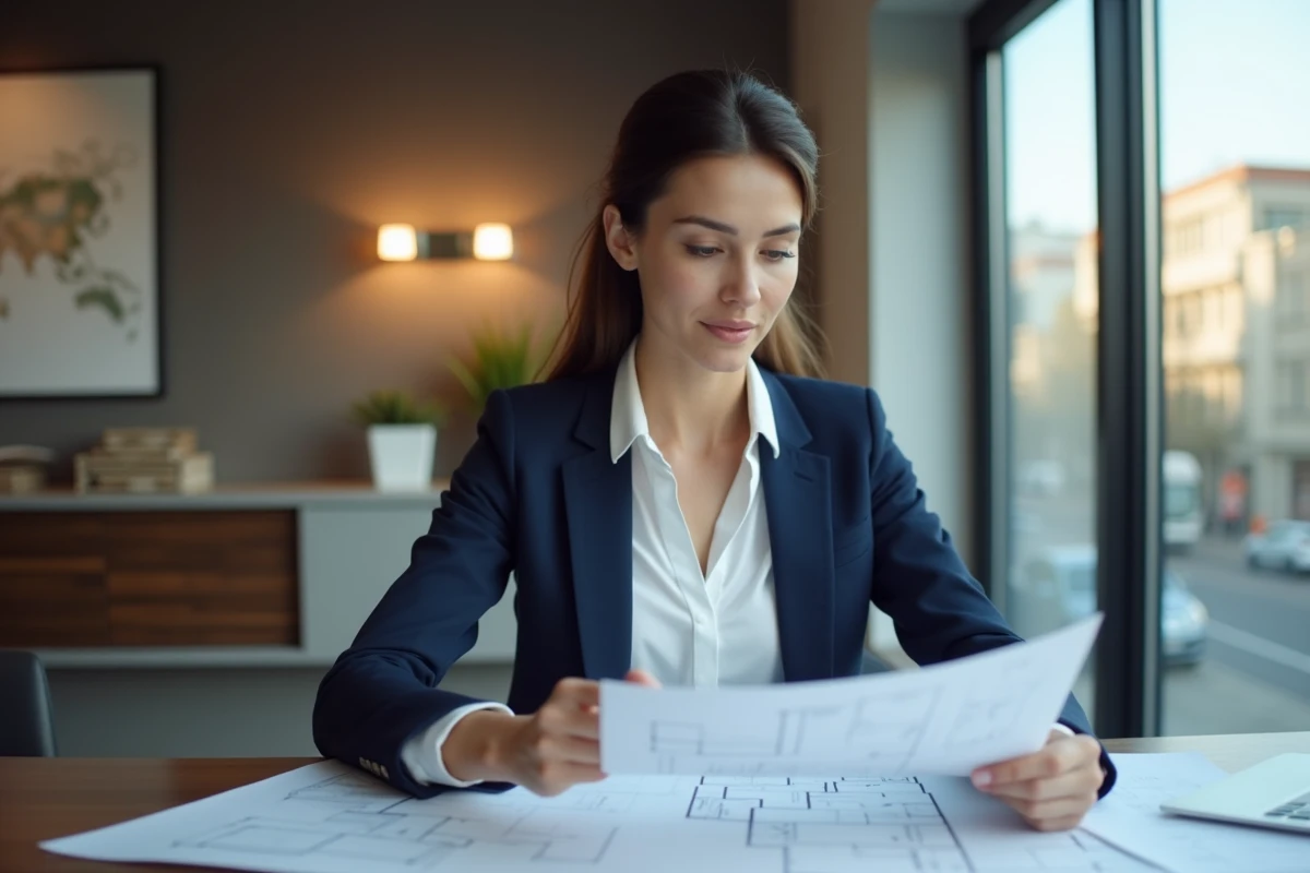 Femme professionnelle examinant des plans à Lyon