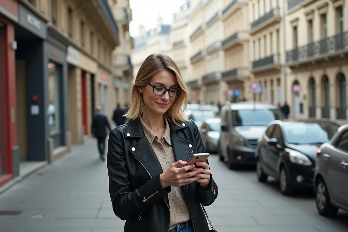 Jeune femme vérifiant les prix immobiliers dans la rue à Paris