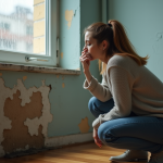 Femme inquiète examine une tache d'eau sur le mur
