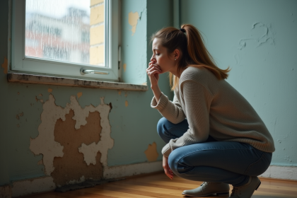 Femme inquiète examine une tache d'eau sur le mur