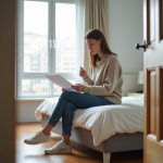 Femme lisant un contrat de location dans une chambre lumineuse