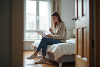 Femme lisant un contrat de location dans une chambre lumineuse