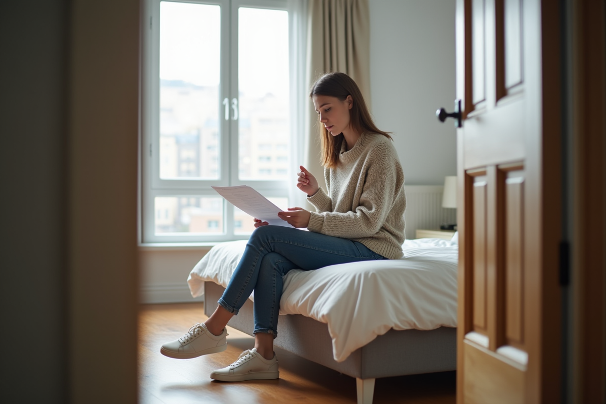 Femme lisant un contrat de location dans une chambre lumineuse
