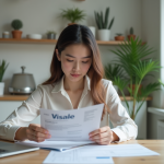 Jeune femme lisant des documents Visale dans la cuisine