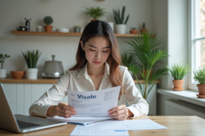 Jeune femme lisant des documents Visale dans la cuisine