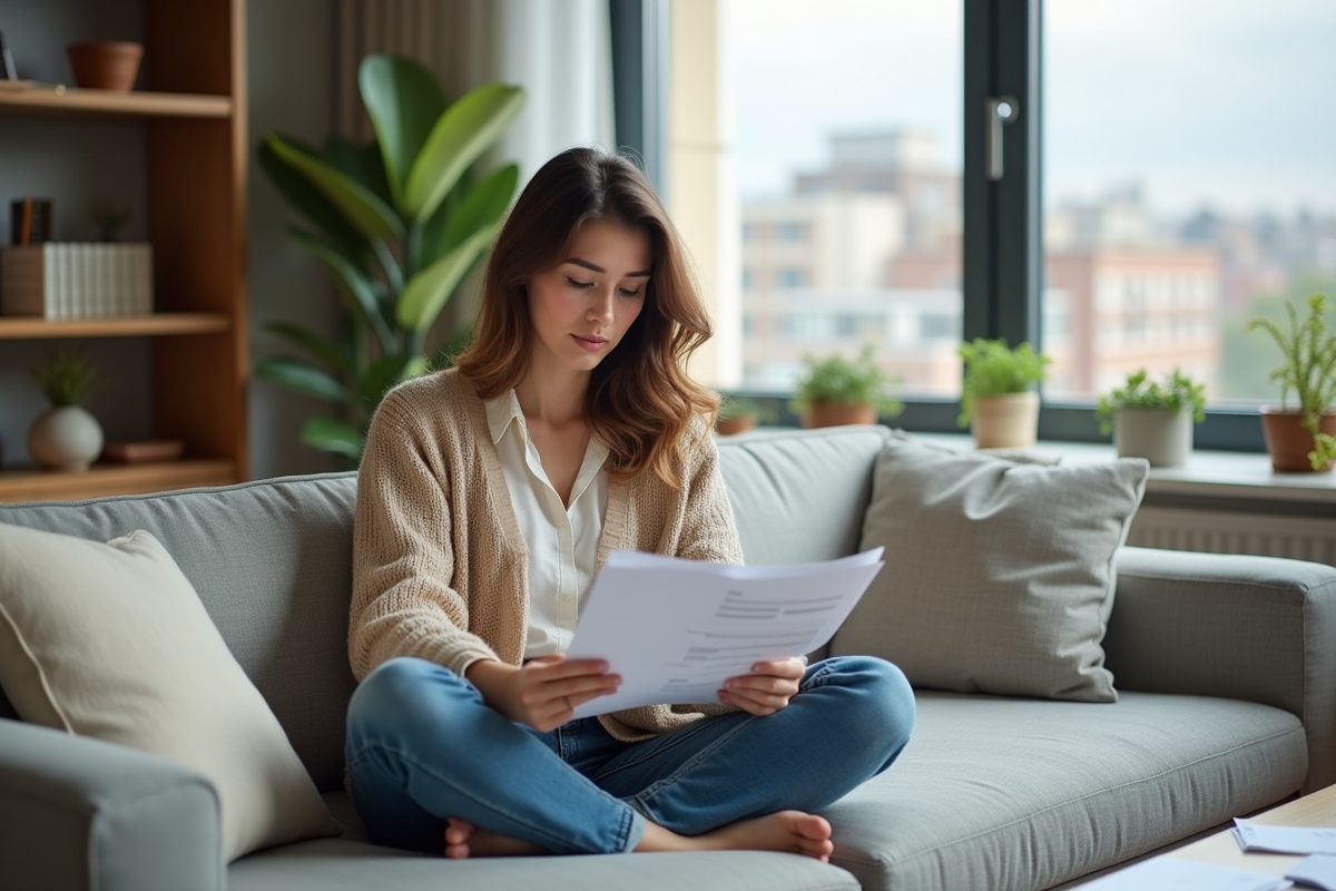 Jeune femme détendue avec reçus de loyer dans un salon cosy