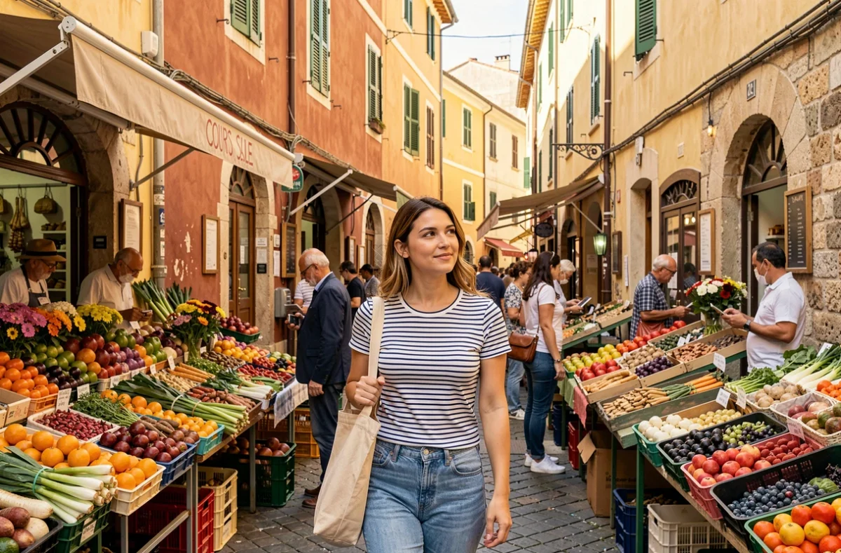 Femme explorant le marché du Cours Saleya à Nice pour découvrir les quartiers animés de la ville